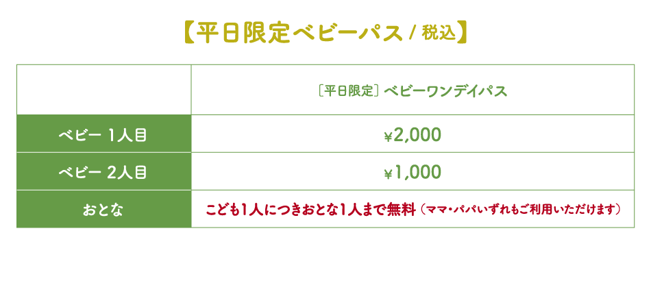 hatt緑地公園　ご利用料金　ベビー