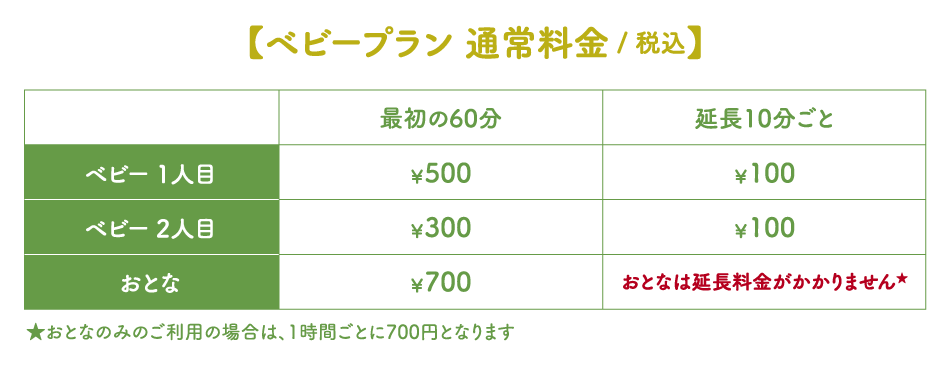 hatt緑地公園　ご利用料金　ベビー